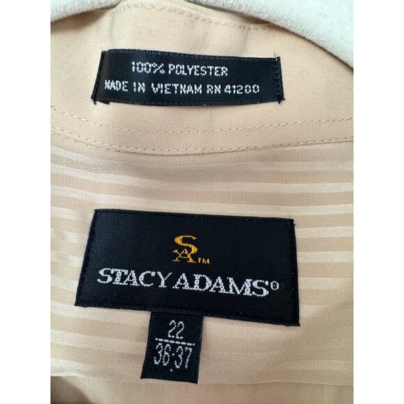 Stacy Adams Mens 22 36/37 Beige Striped Button-Up Dress Shirt Long Sleeve Polyes - Picture 3 of 4